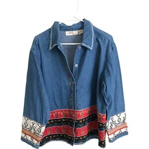 Anu by Natural Denim Jeans Jacket Womens Size Large Blue Aztec Embroidered
